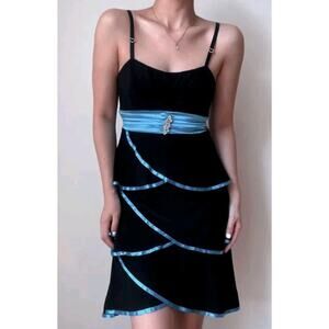 Vintage Deb tiered party dress black knit blue satin rhinestone Y2K fits like XL